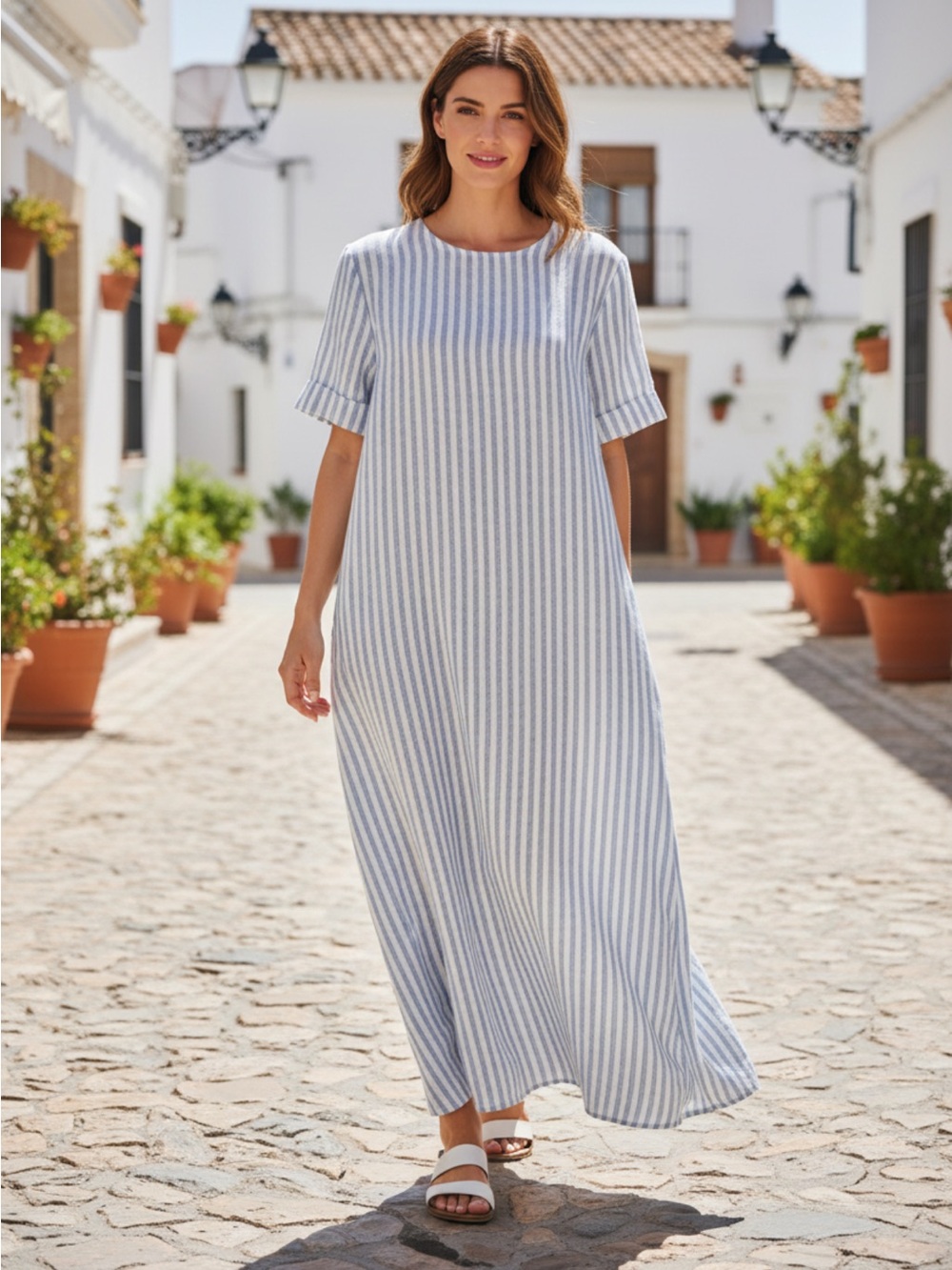 Jenni Kayne Linen Striped Blue and White Midi Dress Women’s Small